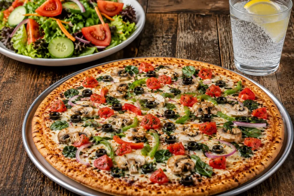 Certified gluten-free pizza served with a fresh salad and sparkling water.
