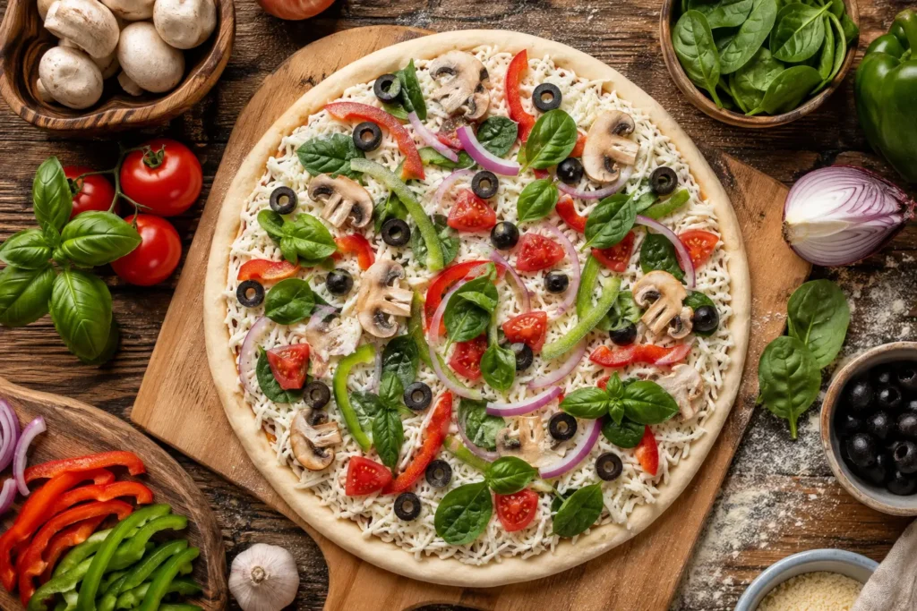 Certified gluten-free pizza crust topped with fresh vegetables before baking.