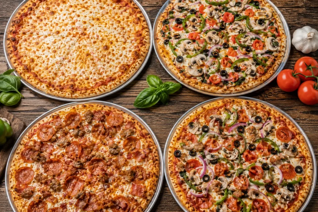 Four certified gluten-free pizzas featuring cheese, vegetables, and meat toppings.