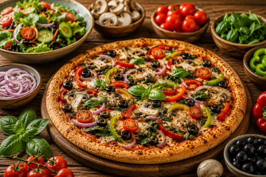 Vegetarian pizza with mushrooms, vegetables, spinach, tomatoes, peppers, onions, and olives