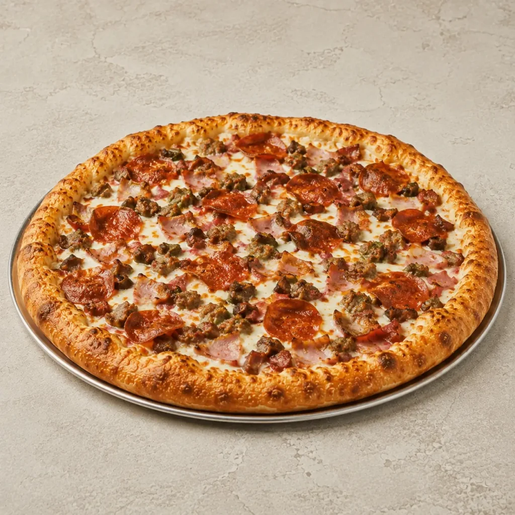 Mighty Meaty Pizza from Mellow Mushroom with meat toppings and melted cheese