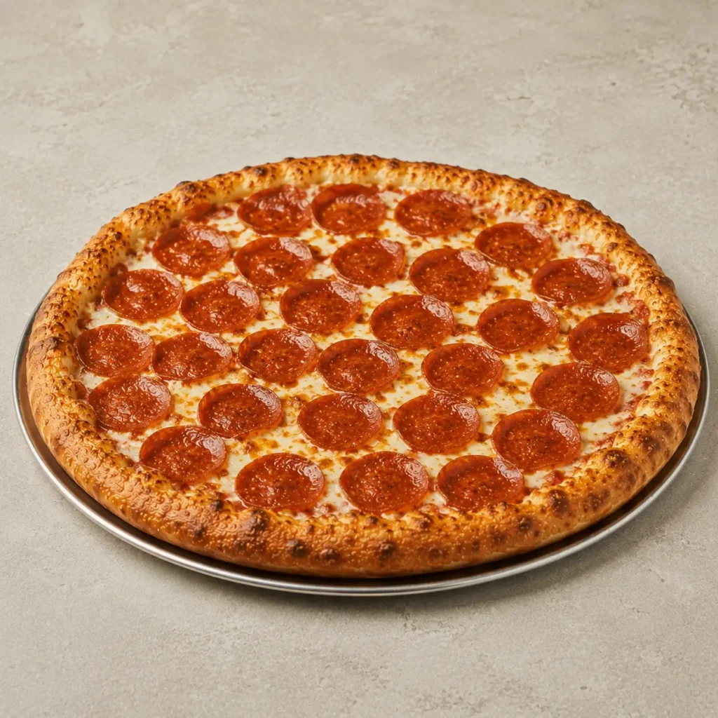 Pepperoni pizza with melted cheese and pepperoni slices from Mellow Mushroom menu