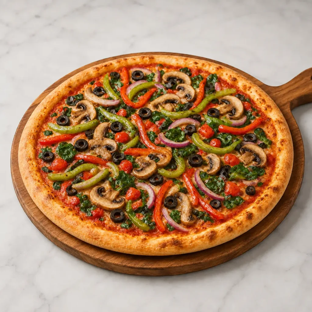 Vegan Veg-Out Pizza from Mellow Mushroom with fresh vegetables and plant-based toppings