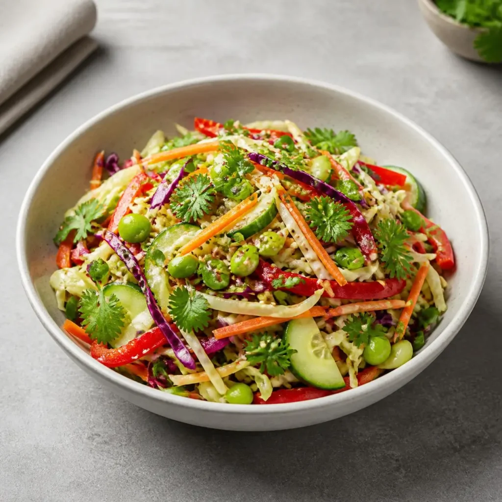 Asian Crunch Salad with fresh vegetables, crispy toppings, and Asian-inspired dressing