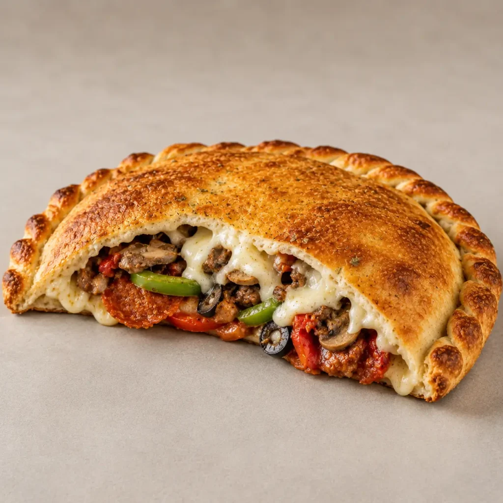 Build Your Own Calzone with customizable fillings, melted cheese, meat, and fresh vegetables