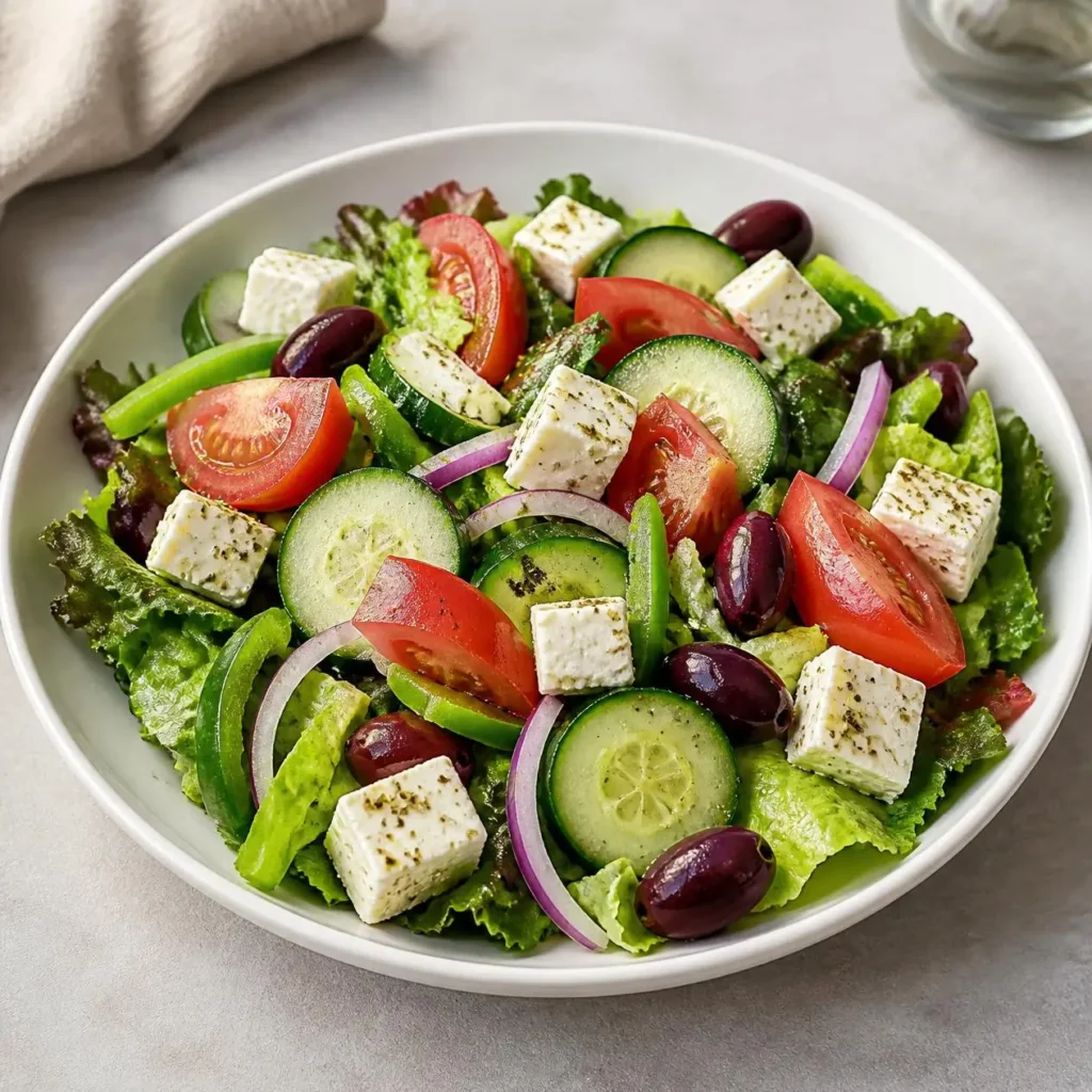 Keep It Greek Salad with fresh greens, feta cheese, olives, tomatoes, and Greek-style toppings