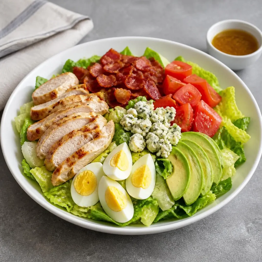 Mellow Cobb Salad with fresh greens, grilled chicken, bacon, tomatoes, cheese, and vegetables