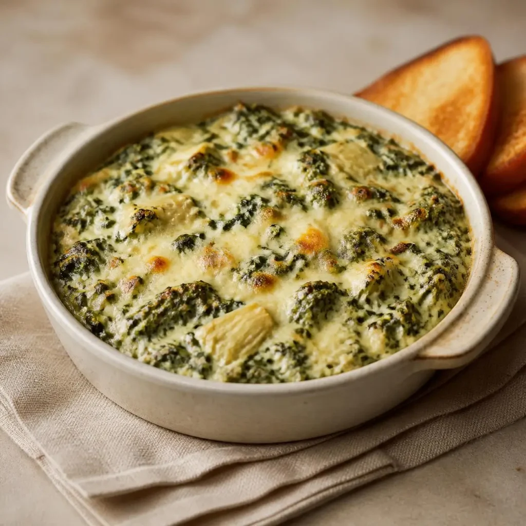 Spinach Artichoke Dip served as a warm creamy appetizer with spinach and artichokes