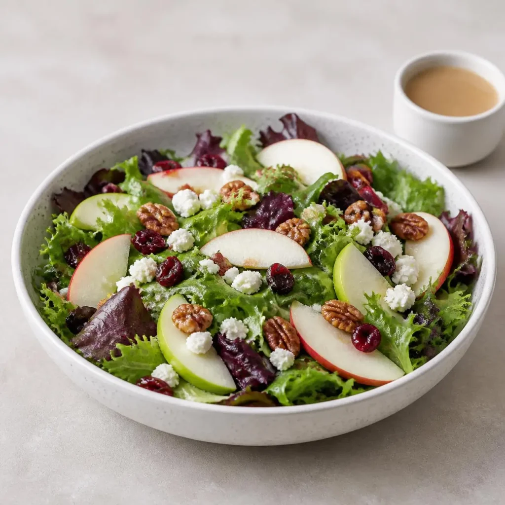 Apple Harvest Salad with fresh apples, greens, cranberries, and toppings
