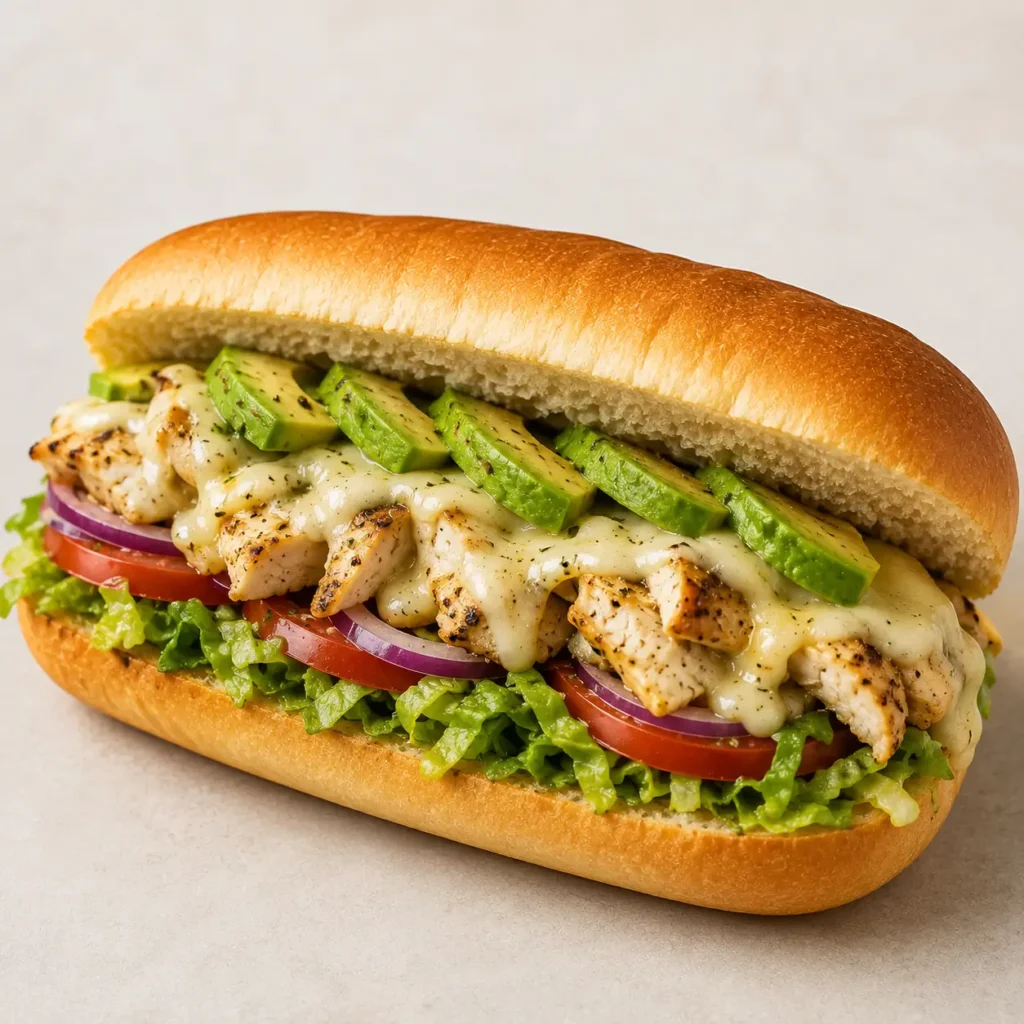 Chicken and cheese hoagie with melted cheese and fresh toppings