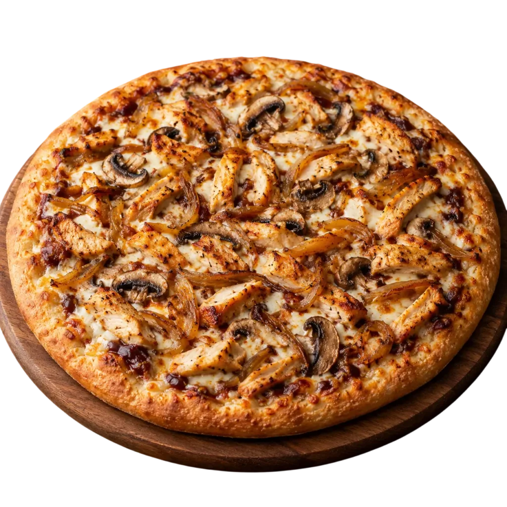 Funky Q Chicken Pizza topped with grilled chicken, caramelized onions, shiitake mushrooms, and melted mozzarella cheese.