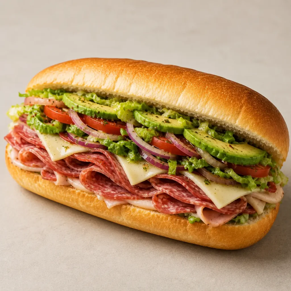 Italian Hoagie with assorted deli meats, melted cheese, fresh vegetables, and Italian-style toppings on a toasted hoagie roll