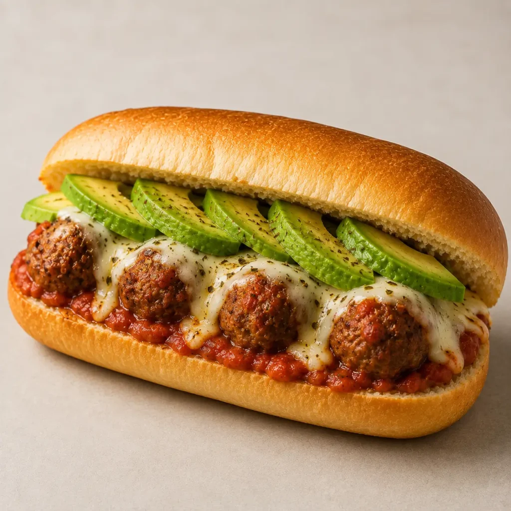 Mellow Mushroom Meatball Hoagie with meatballs, marinara sauce, and melted cheese
