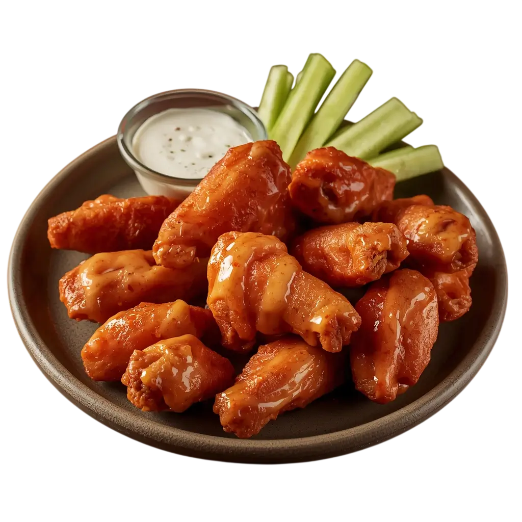 Mellow Mushroom boneless wings with crispy chicken, dipping sauce, and celery