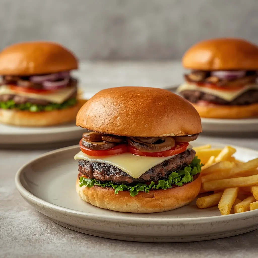 Mellow Mushroom burger menu with burgers, toppings and fries