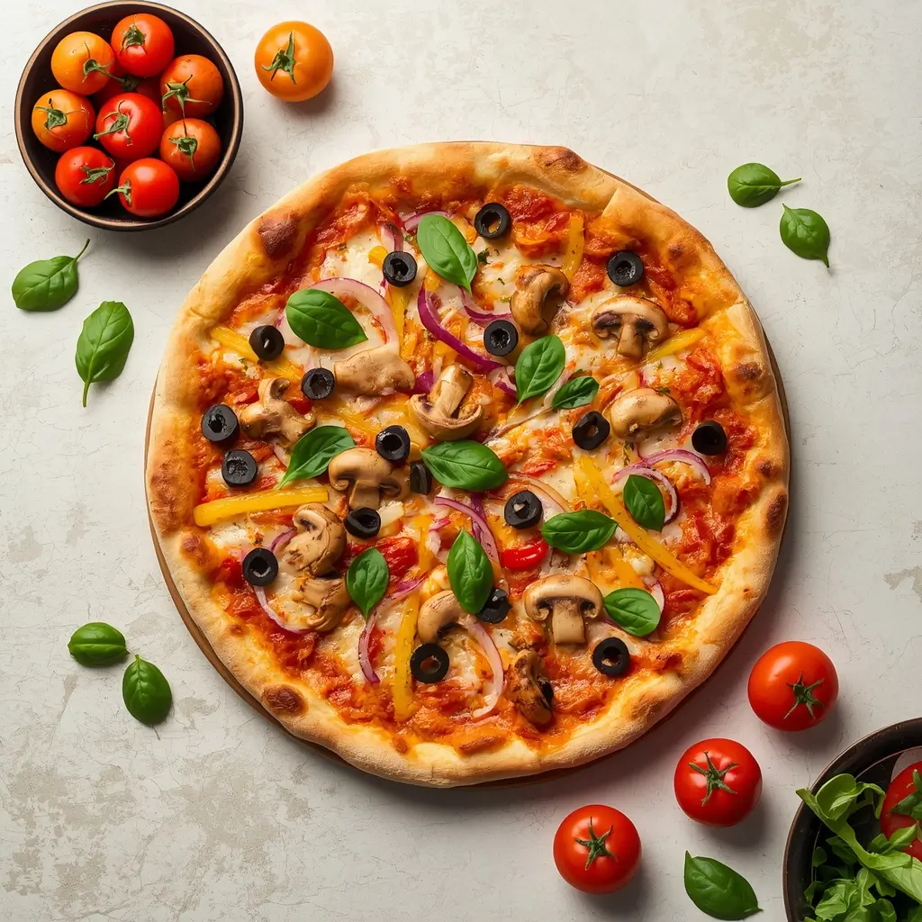 Mellow Mushroom vegetarian pizza with fresh vegetables and melted cheese