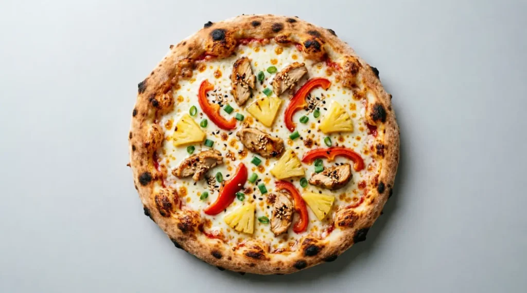 Pacific Rim pizza with ham, pineapple, bacon, and mozzarella cheese
