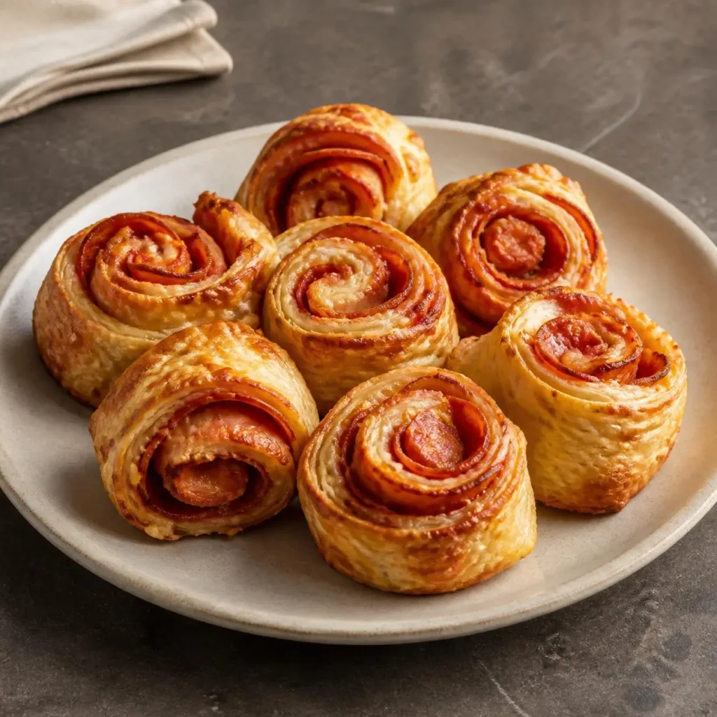 Pepperoni Mellow Rollz with melted cheese and savory pepperoni, freshly baked and served on a parchment-lined plate.
