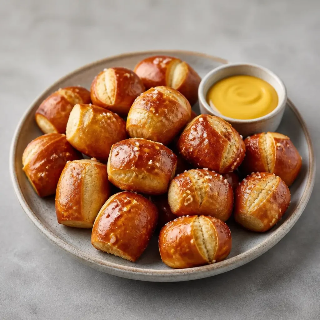 Golden-brown soft pretzel bites topped with coarse salt and served with creamy cheese dip on a parchment-lined plate.